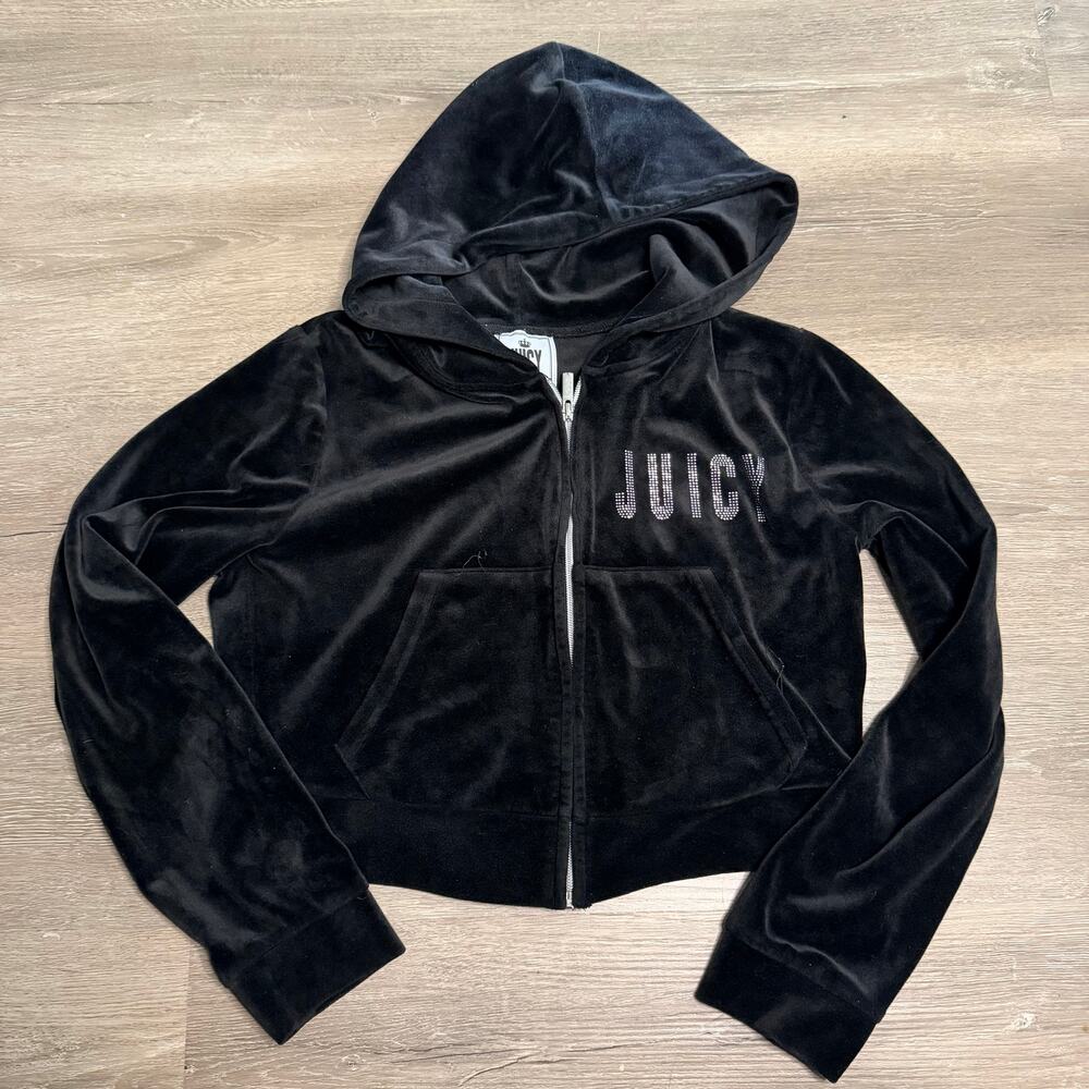 Juicy Couture Black Velour Track Suit Hoodie Jacket Cropped Size Large